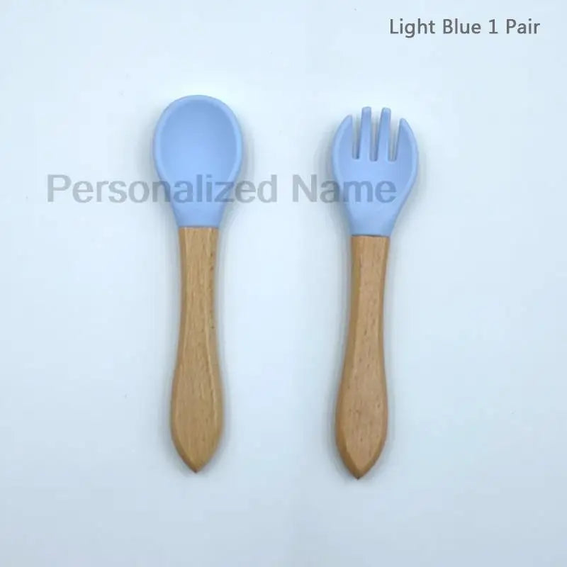 Baby Silicone Spoon & Fork Set – Soft BPA-Free Feeding Utensils with Wooden Handle - I YAN
