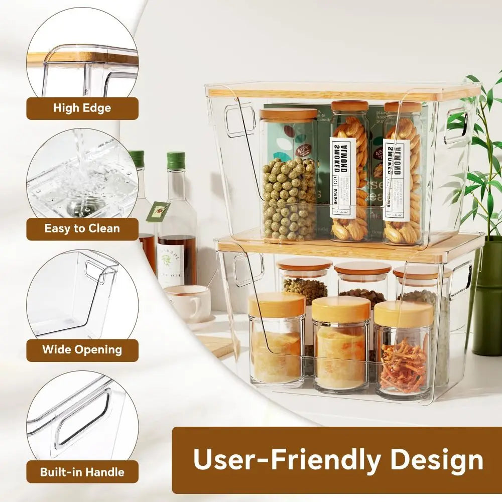 Stackable Pantry Organizers with Wooden Lids Kitchen Storage Clear Bins Under Sink Organizer for Onion Potato Fruit Vegetables