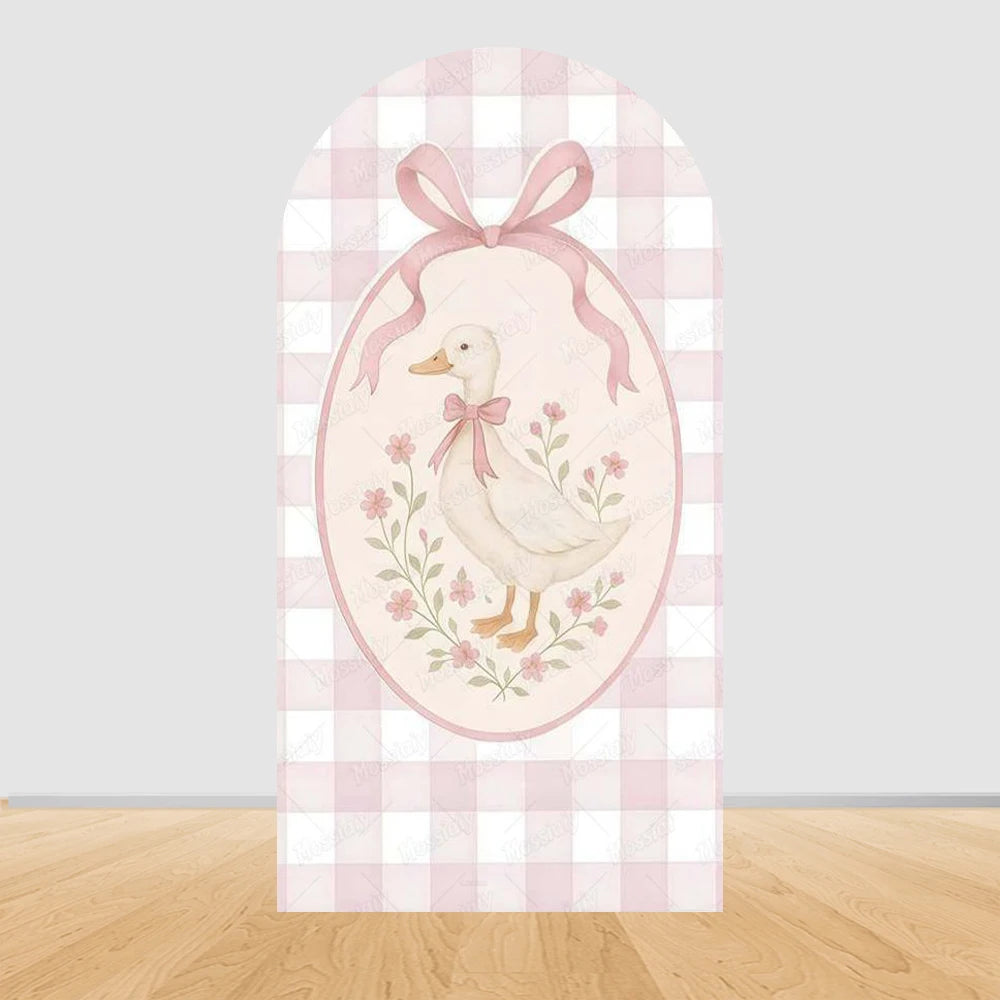 Cartoon Big White Goose Pink Bow Arch Cover Backdrop Children Baby 1st Birthday Party Baby Shower Decor Background Double-Sided