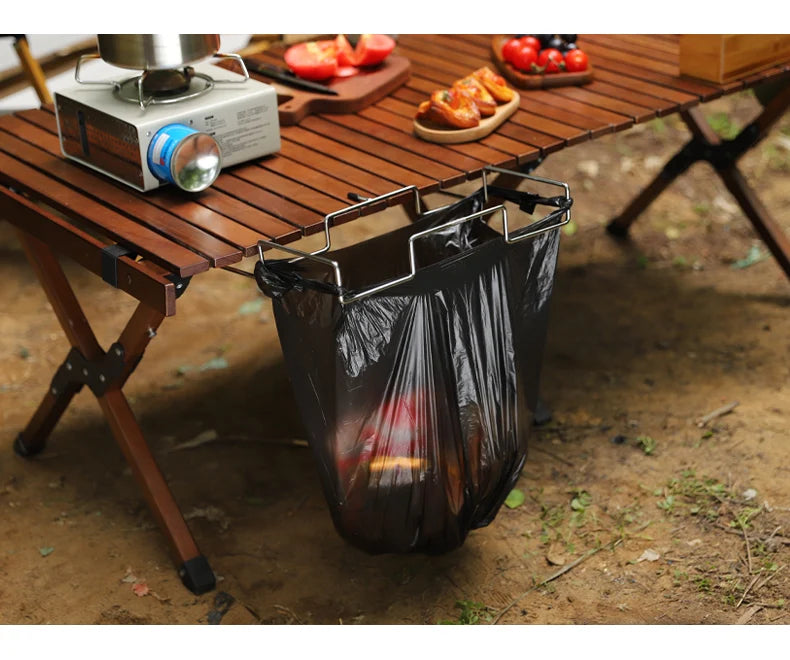 Portable Stainless Steel Camping Trash Holder - Foldable Table Stand for Picnic, BBQ & Outdoor, Eco-Friendly Garbage Bag Rack