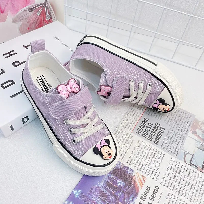 Disney Girls' Canvas Casual Shoes Soft Sole High Top Cartoon Mickey Mouse Minnie Purple White Breathable Shoes Flats Size 24-37