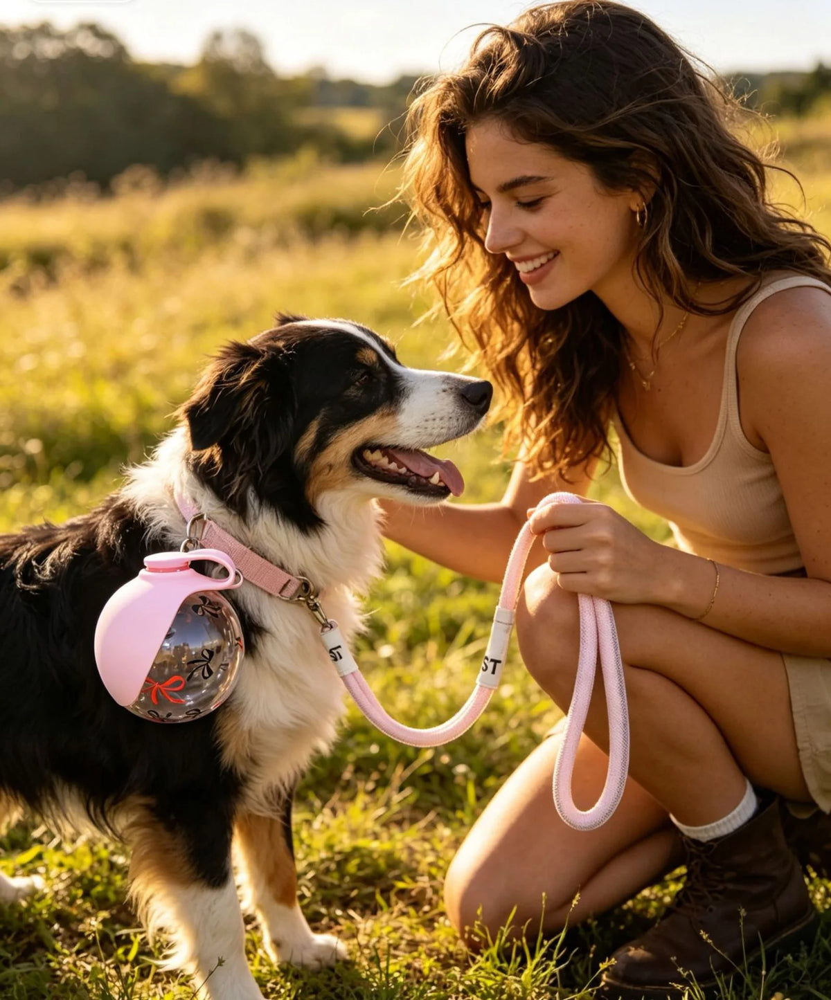 Portable I YAN pet water bottle with detachable bowl, leak-proof travel dispenser and wrist strap for easy outdoor hydration.