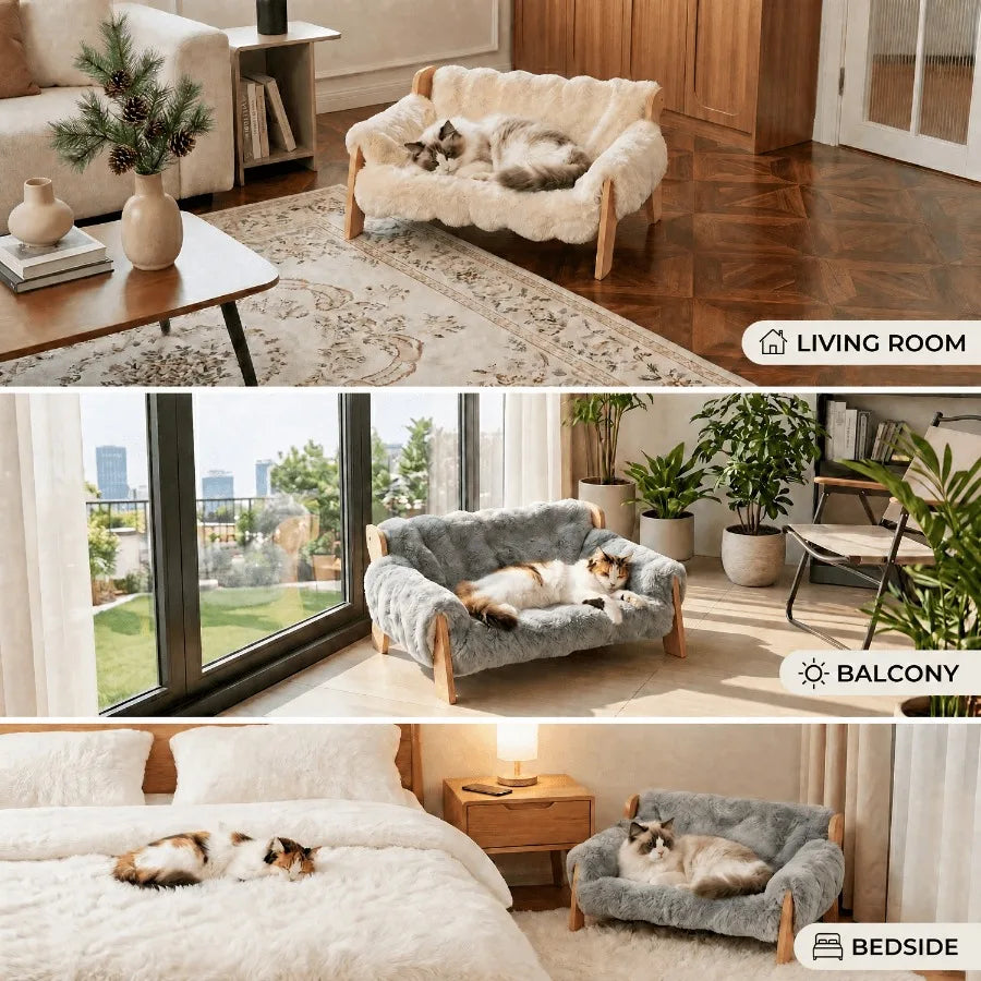Cat Sofa Bed for Indoor Cats, Elevated Cat Couch with Wooden Frame, Washable Fluffy Cushion, Cooling Mat Cushion, Raised Pet Be