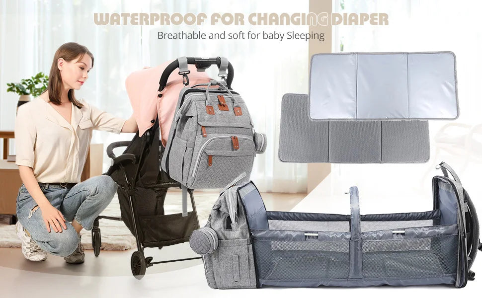 5In1 Diaper Bag Backpack Foldable Baby Bed Waterproof Bag with USB Charge Nappy Stroller Bag with Changing Bed 3Types for Travel