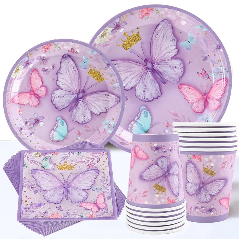 Butterfly Birthday Party Decoration Kids Girls Butterfly Party Disposable Tableware Paper Cup Plate Birthday Baby Shower Party - I YAN