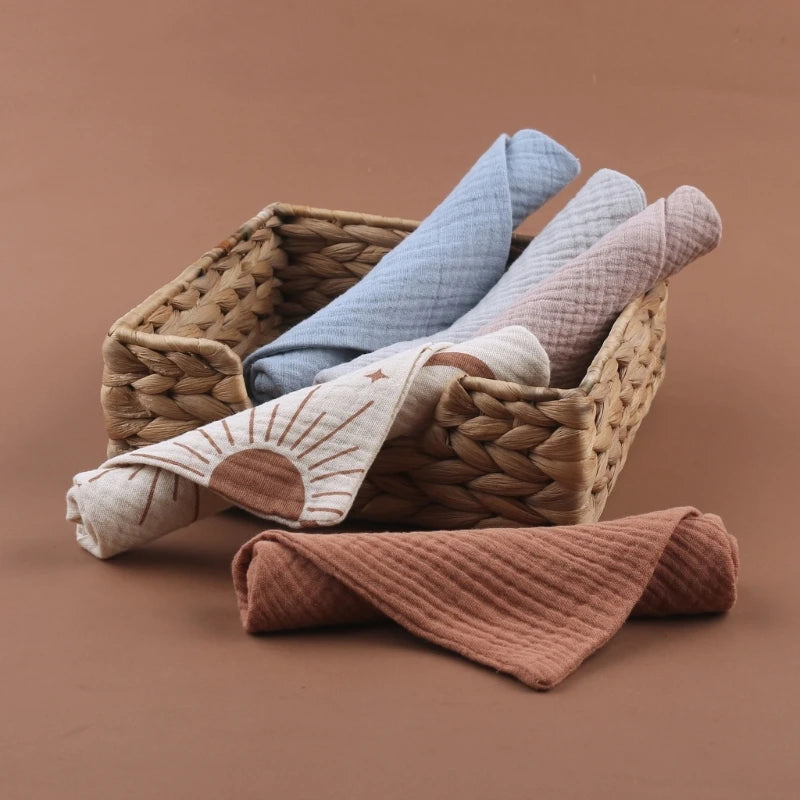 Set of 5 I YAN square cotton baby face towels and burp cloths, soft, absorbent gauze bibs and washcloths for kids and infants.