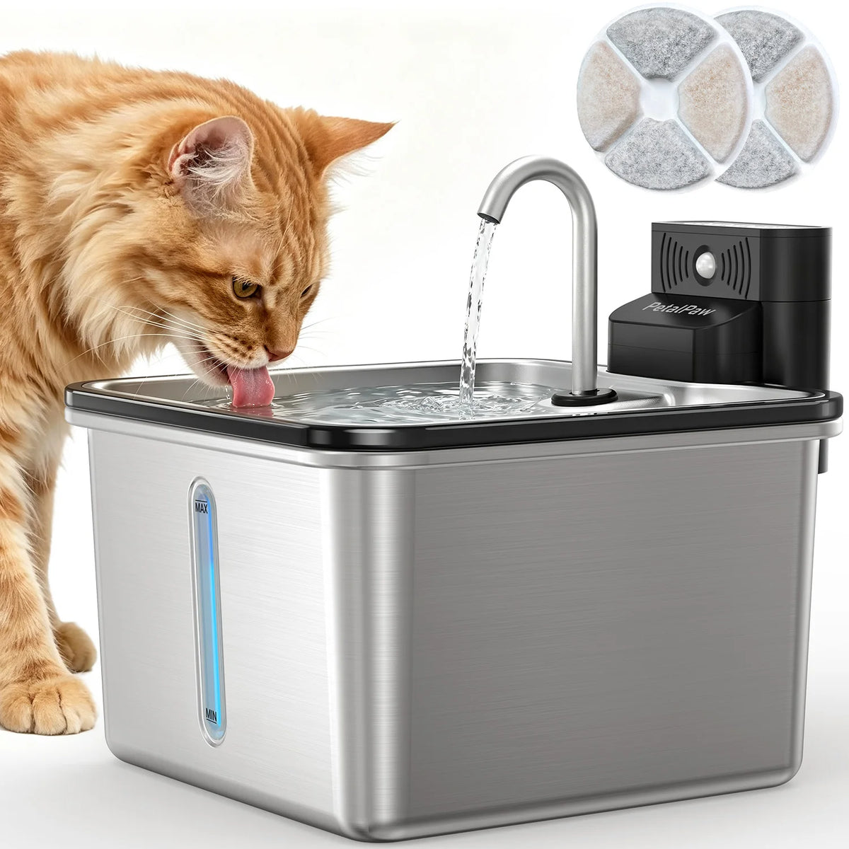 Wireless Pet Water Fountain by I YAN showing stainless steel faucet design with 3.5L capacity and cordless operation for indoor cats and small dogs.