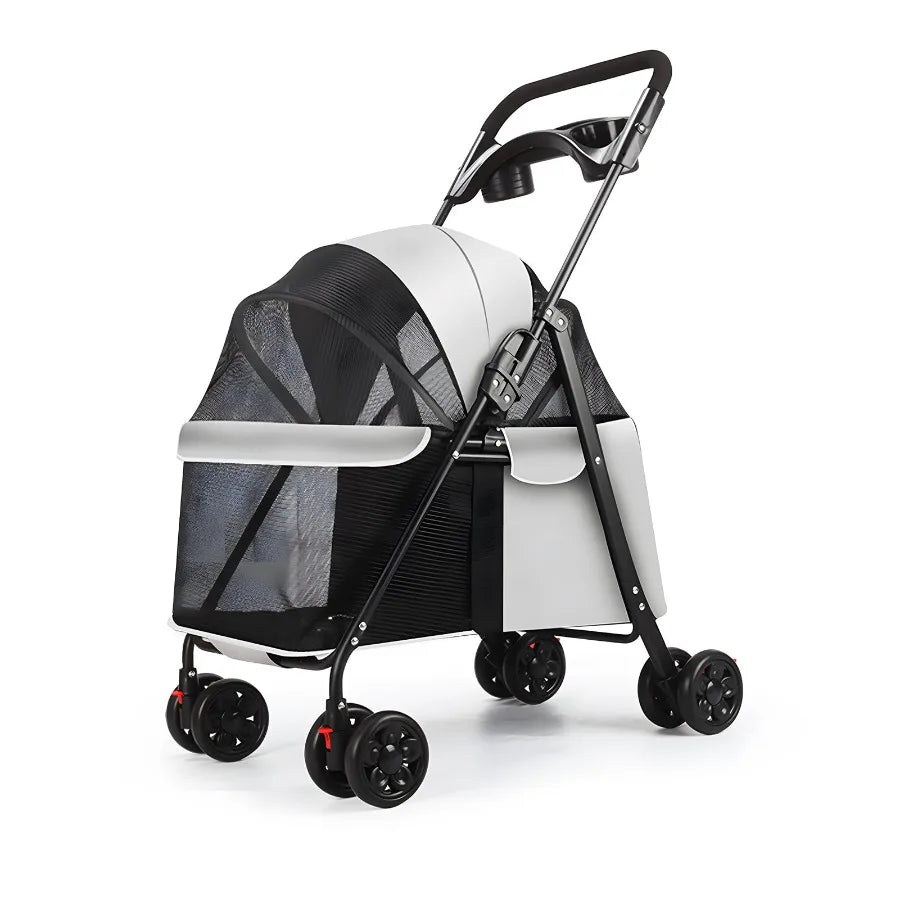 4 Wheels Dog Cat Stroller, Outdoor Travel Pet Folding Stroller, Dog Cat Cage Stroller with Cup Holder, Visible Window for Mediu