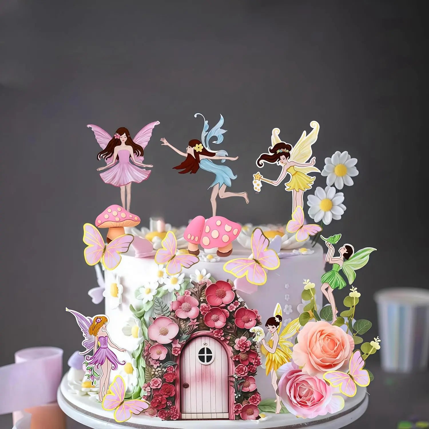 Fairy Cake Toppers Mushroom House Cake Decor Butterfly Cake Decor Fairy Garden Topper Fairy Party Supplies Flower Cupcake Topper