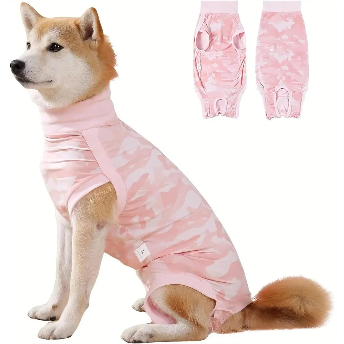 Pink I YAN dog onesie for surgery recovery, breathable spay suit for female dogs, anti-licking, available in small to XXL sizes.