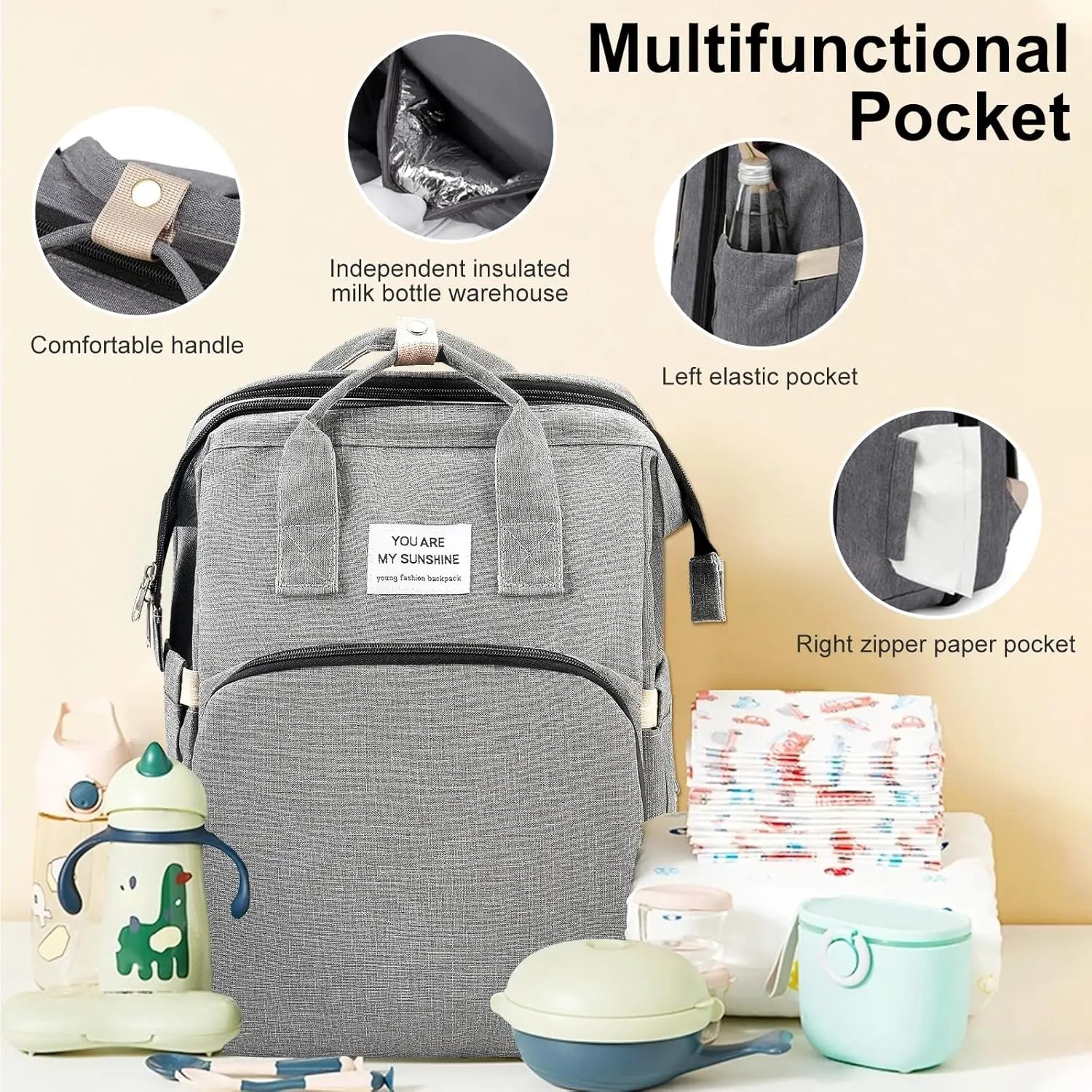 Baby Changing Nappy Bag with Changing Mat Large Capacity for Mum Waterproof Portable Backpack Foldable Bed Stroller StrapsTravel