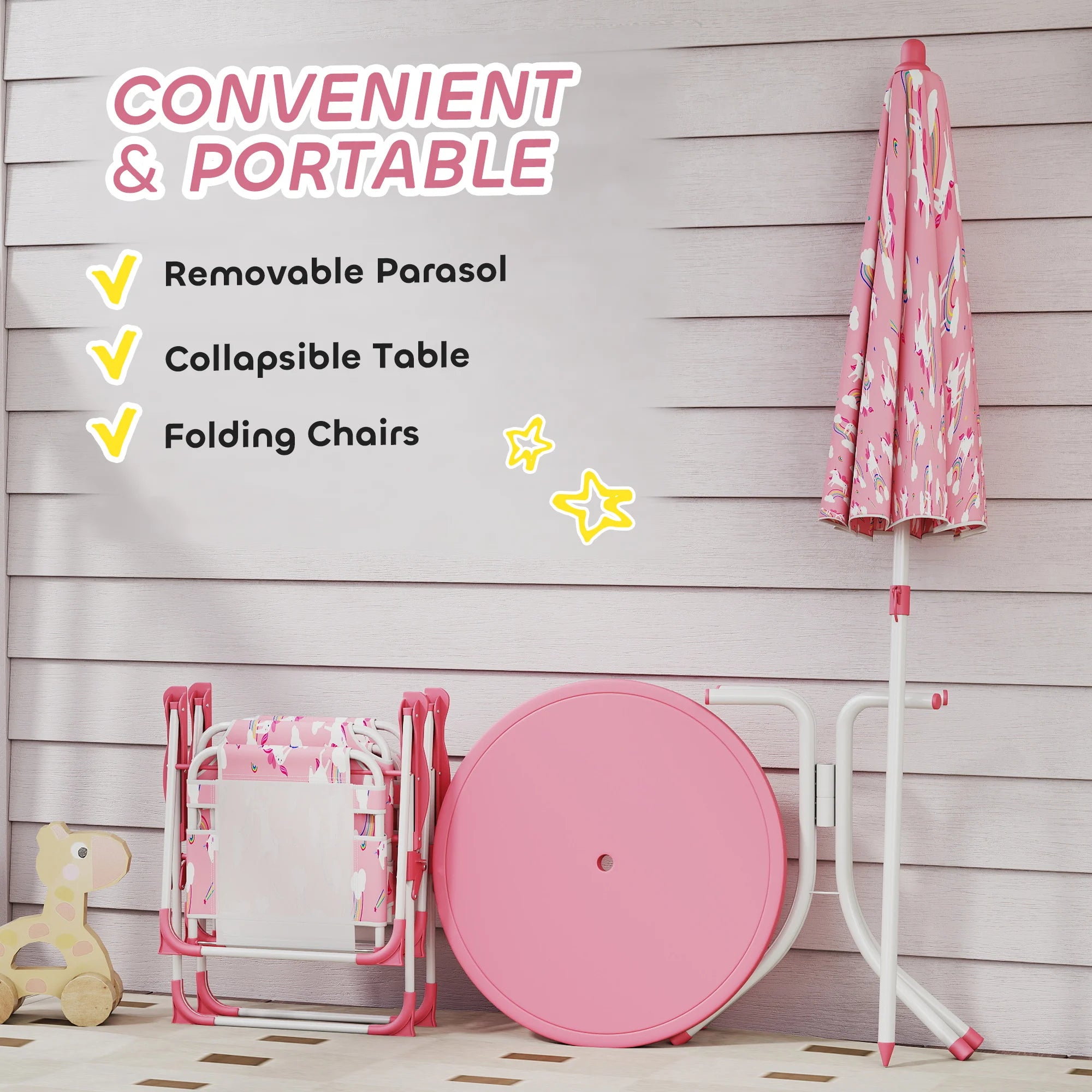 I YAN Qaba Kids picnic table and chair set with pink umbrella, including two folding chairs for outdoor backyard or garden use