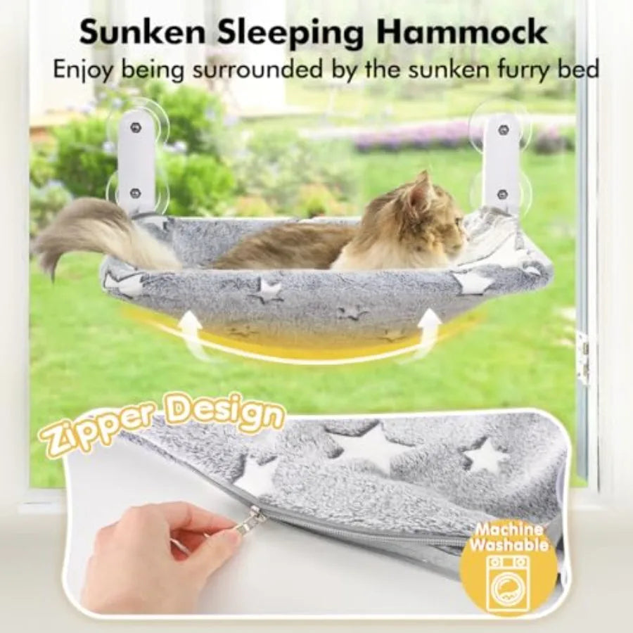 Cat Window Perch, Glow in The Dark Cordless Foldable Pet Hammock Bed for Window with Sturdy Metal Frame, Gowing Pattern Resting