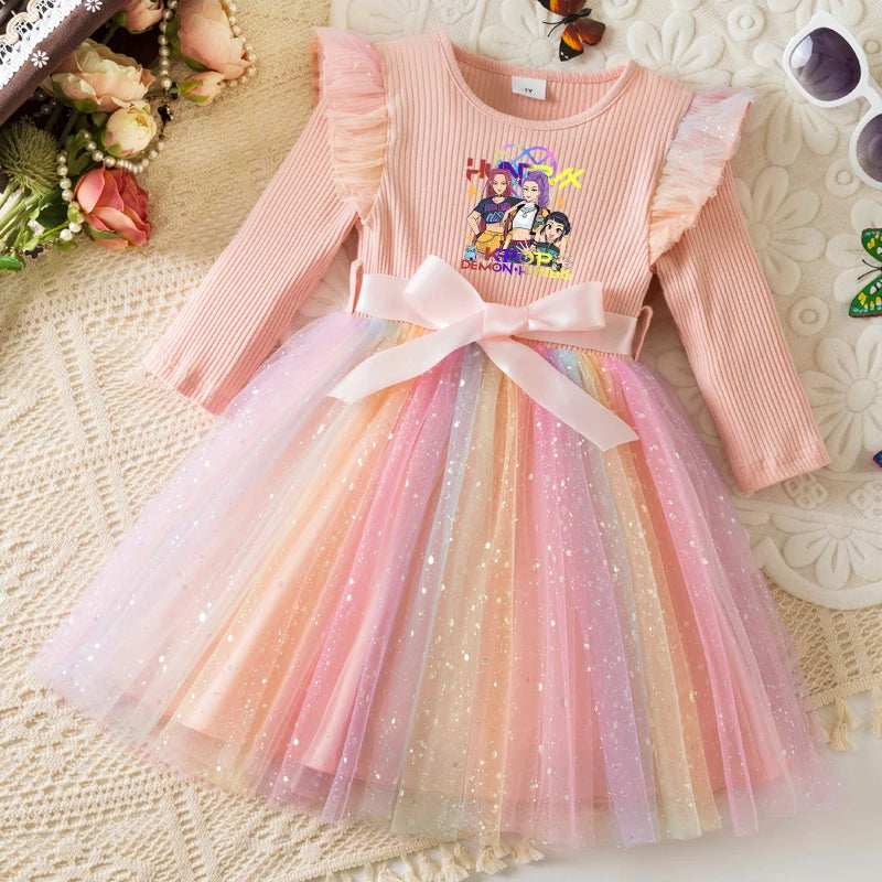 K-Pop Hunters Rainbow Princess Dress for Girls Sequin Birthday Party Mesh Dress for Baby Casual Long Sleeve Girls Dresses 1-5Y