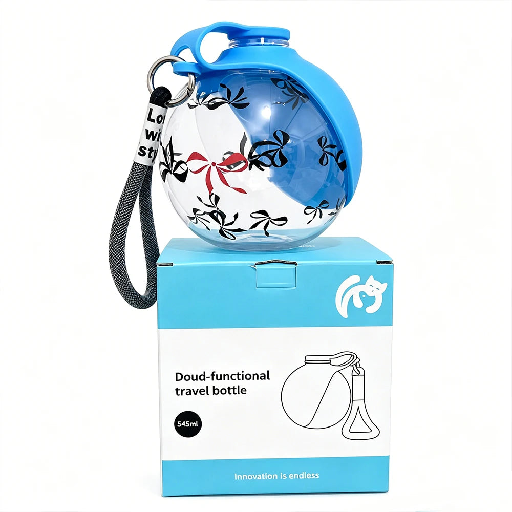 Portable I YAN pet water bottle with detachable bowl and wrist strap, leak-proof travel dispenser for convenient pet hydration.