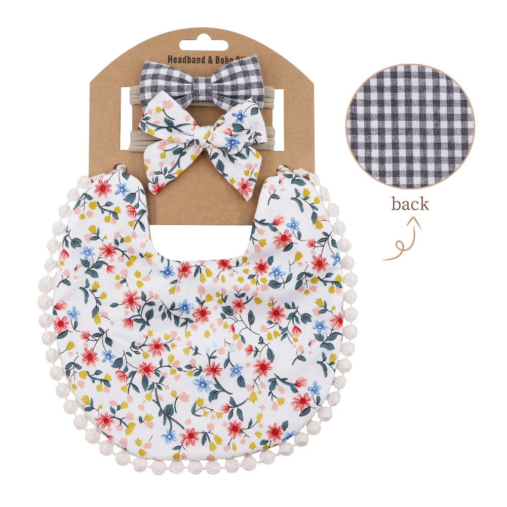 Set of 3 I YAN flower print cotton linen baby bibs with elastic nylon headbands and double-deck saliva towels for feeding and burping.