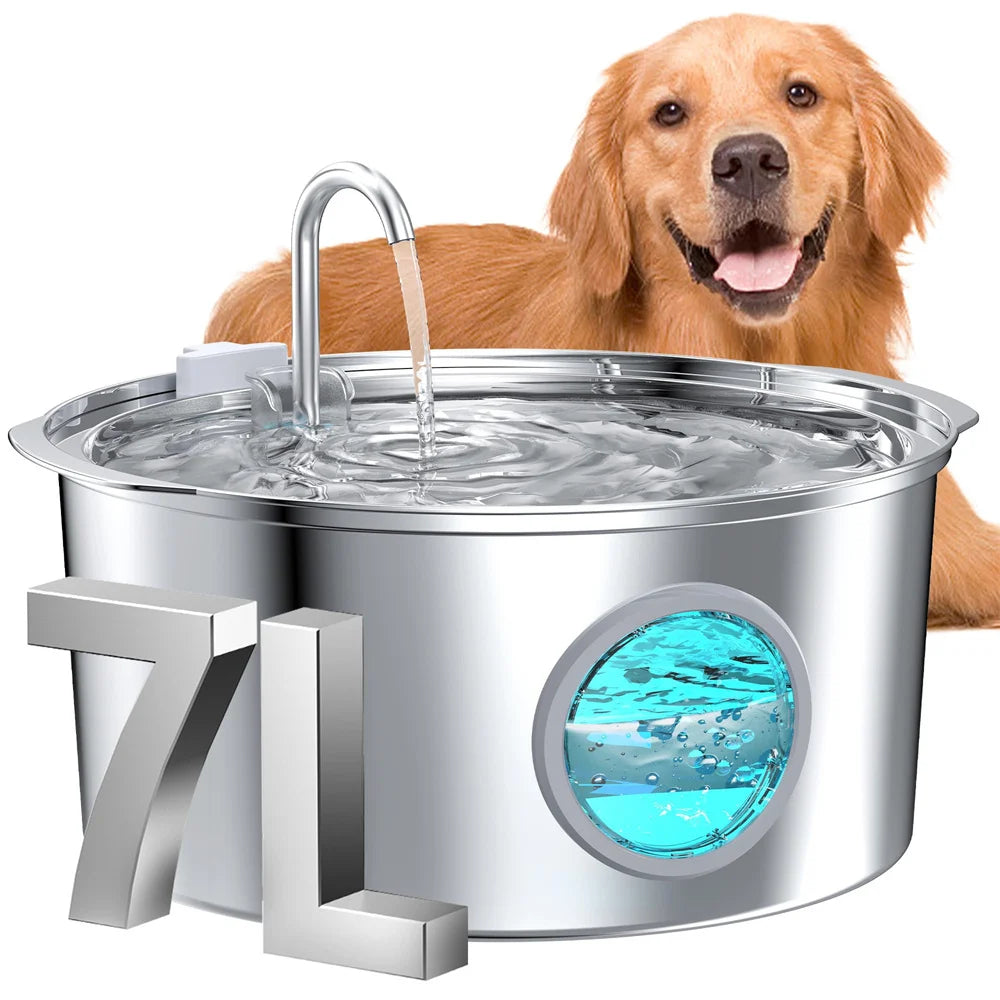 7L Large Capacity Stainless Steel Pet Water Fountain, Filtered Silent Water Pump, Pet Drinking Bowl for Dogs and Multiple Cats