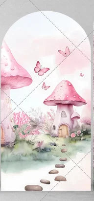 Fairy Girl 1st Birthday Party Arch Backdrop Spring Garden Pink Purple Butterfly Floral Mushroom Door Baby Shower Backgrounds