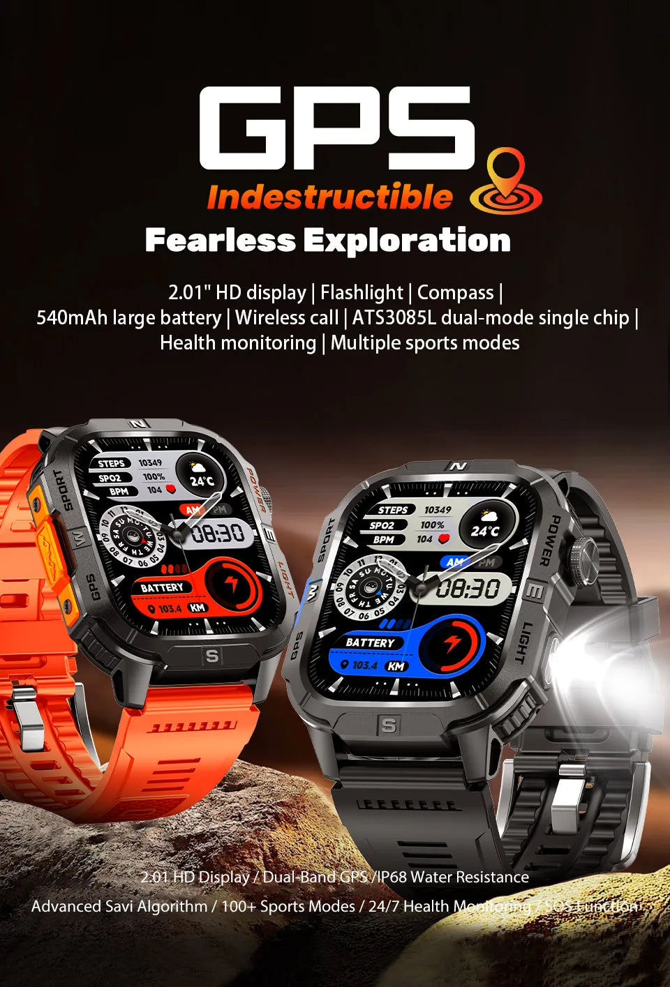 New Dual-Band Satellite GPS Smart Watch Men 2.01'' HD Screen Compass Military Flashlight Watches Waterproof Swim Smart Bracelet