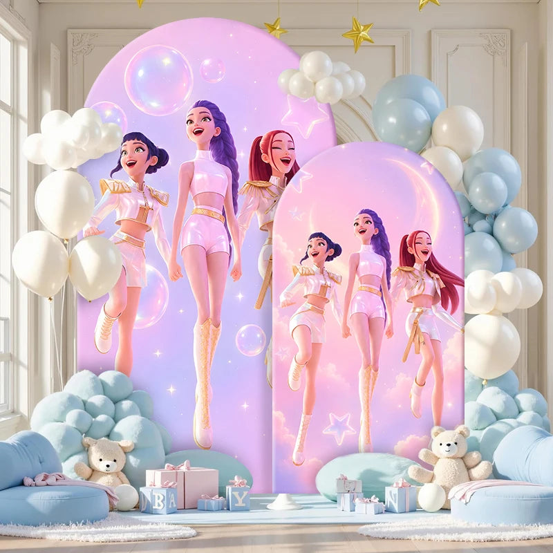 Kpop Demon Hunters Arch Backdrop Cover, Pink Starry Sky Arched Banner for Girls Birthday Party, Custom Spandex Photo Background