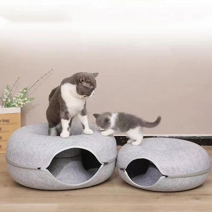 Interactive round small cat tunnel bed from I YAN, featuring felt material, plush donut shape, and scratching surface for kittens.