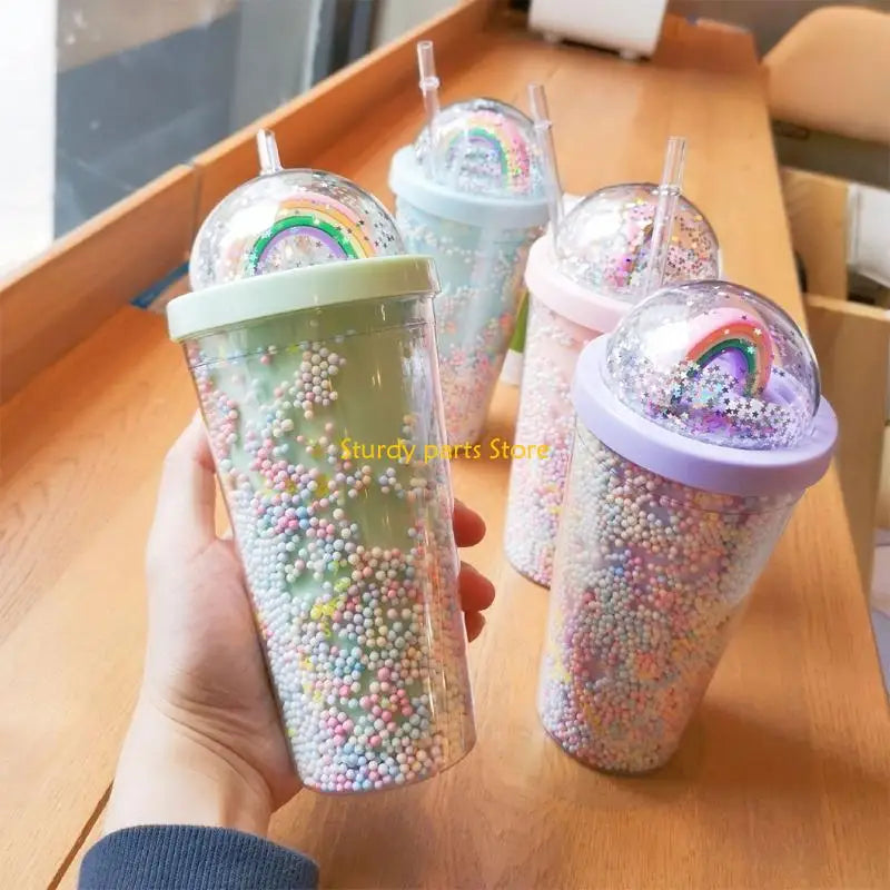 97QC 550ml Rainbow Plastic Water Bottle Double Layer Sequins Drinking Cup with Straw