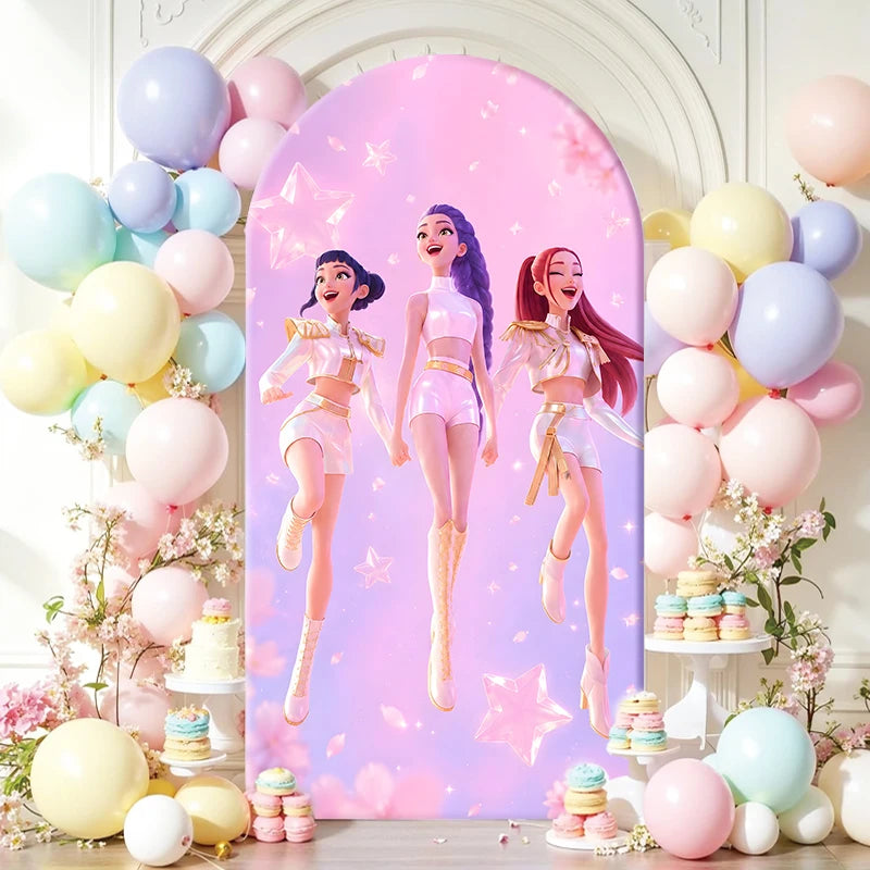Kpop Demon Hunters Arch Backdrop Cover, Pink Starry Sky Arched Banner for Girls Birthday Party, Custom Spandex Photo Background