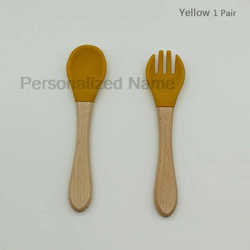 Baby Silicone Spoon & Fork Set – Soft BPA-Free Feeding Utensils with Wooden Handle - I YAN