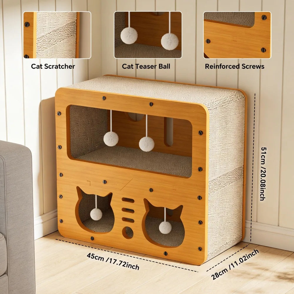 Two-story I YAN multifunctional cat house with cardboard bed, scratch board, lid, and ball toys, designed for indoor cats and room decor.