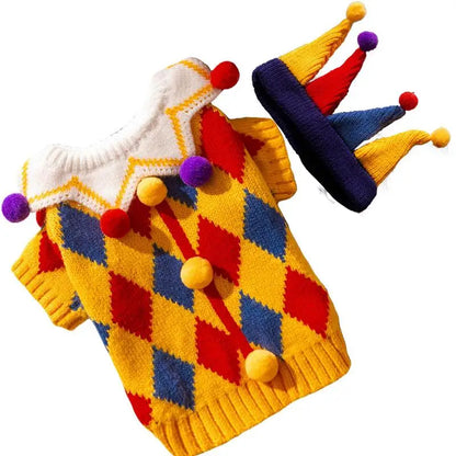 Clown Dog Costume with Hat – Funny Holiday Pet Sweater Outfit