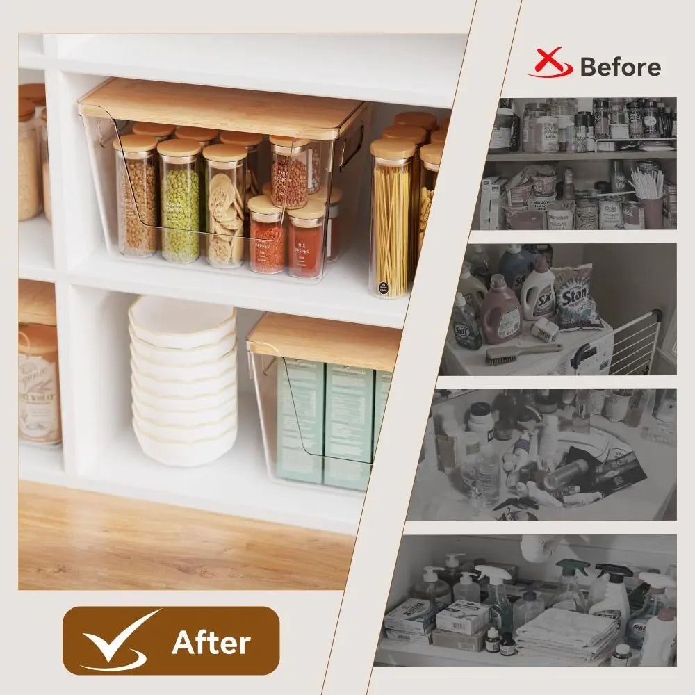 Stackable Pantry Organizers with Wooden Lids Kitchen Storage Clear Bins Under Sink Organizer for Onion Potato Fruit Vegetables