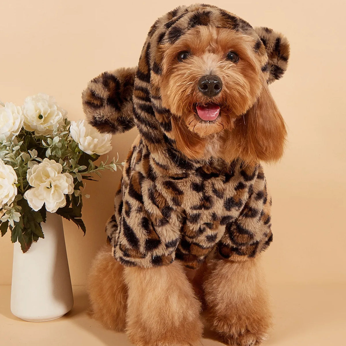 Leopard print pet hoodie for small and medium dogs from I YAN, plush dog clothing with cute ear details.