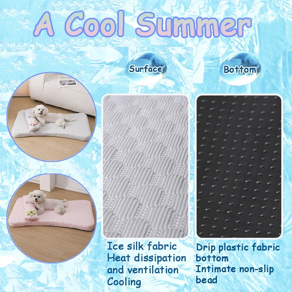 I YAN ice silk pet sofa with thickened cooling dog bed, detachable cushion, elastic sponge design, and pillow for medium dogs.