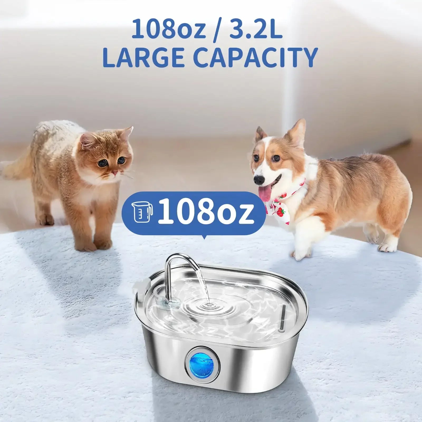 Cat Water Fountain, 3.2L/108oz Stainless Steel Dog Water Fountain, Pet drinking fountain, dishwasher safe, with triple filtration, quiet pump, and visible water window for cats and small pets
