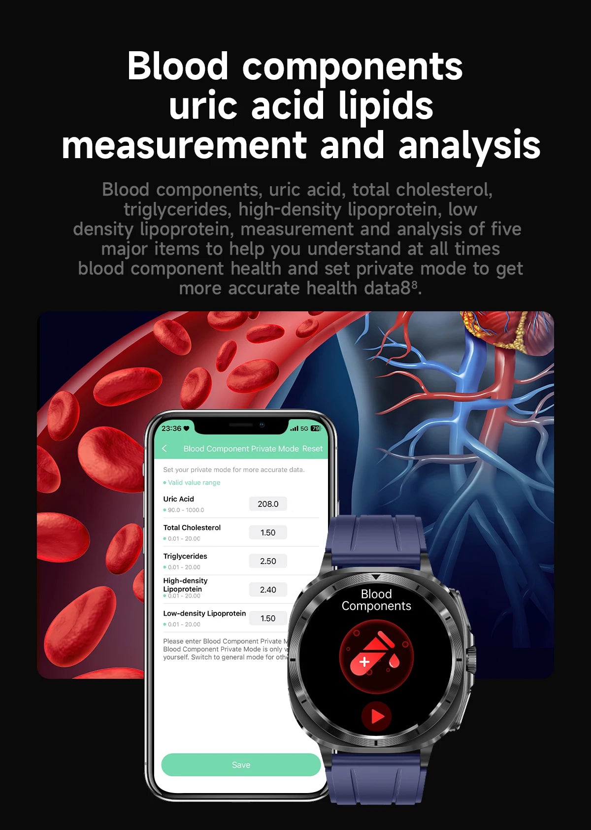 New Health Watch Uric Acid Blood Pressure Blood oxygen Body Analysis Body Fat SmartWatch ECG+PPG Bluetooth call Clock Women Men