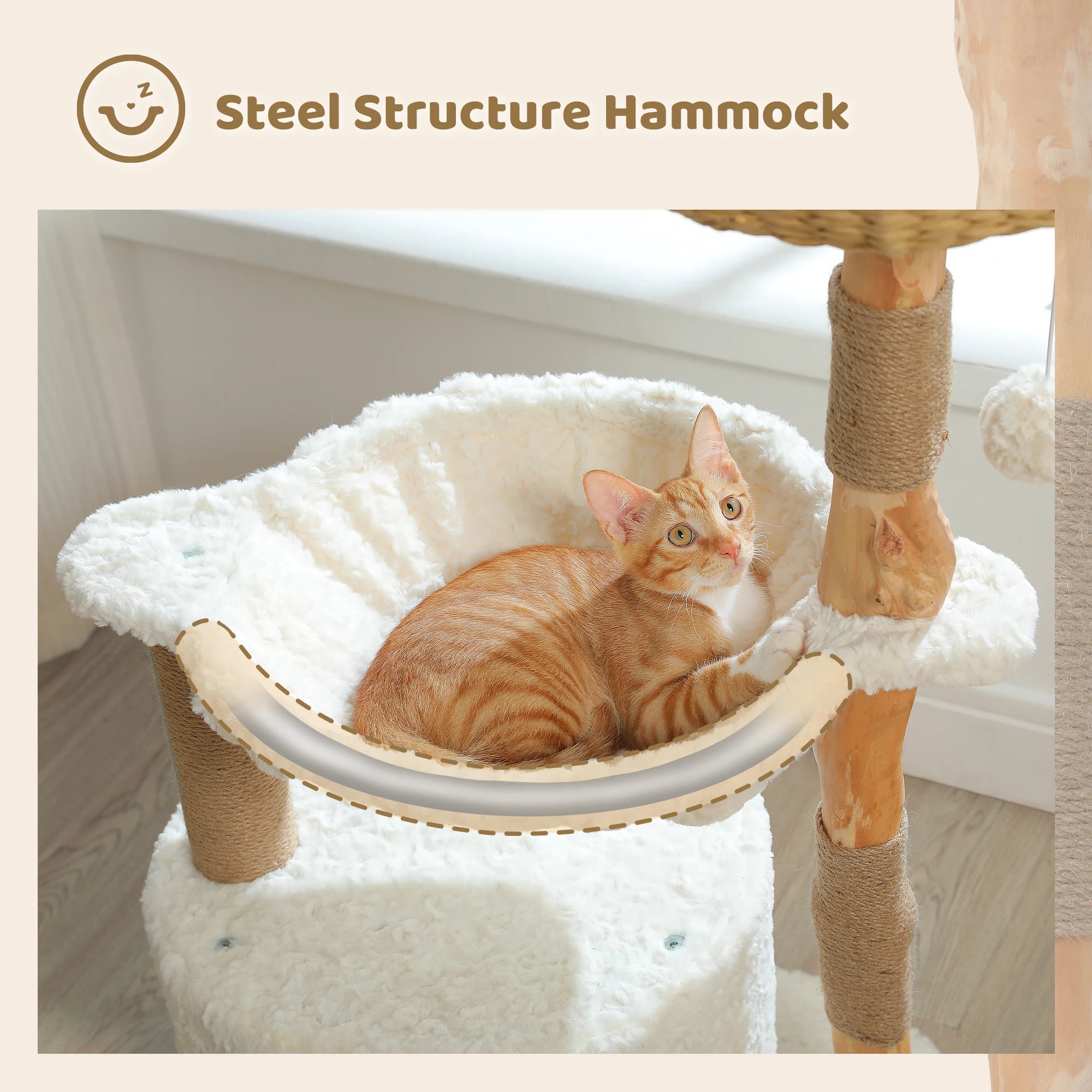 Modern Cat Tree, Natural Wood Cat Tower with Large Wicker Basket, Spacious Condo, Deep Hammock, Luxury Cat House Bed for Indoor