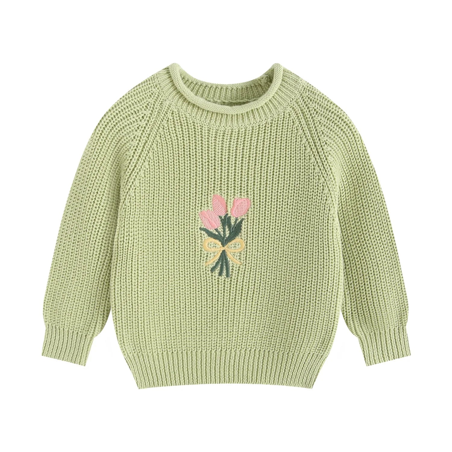 Girl Cotton Knit Pullover Embroidered Tulip Flower Sweater 2026 Spring Autumn 0-5Y Children Long Sleeve Clothing