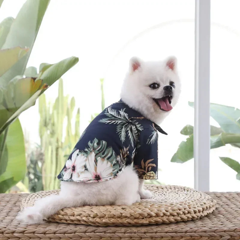 Hawaiian style summer dog shirt for small and medium dogs, featuring colorful beach print by I YAN for pugs and French Bulldogs