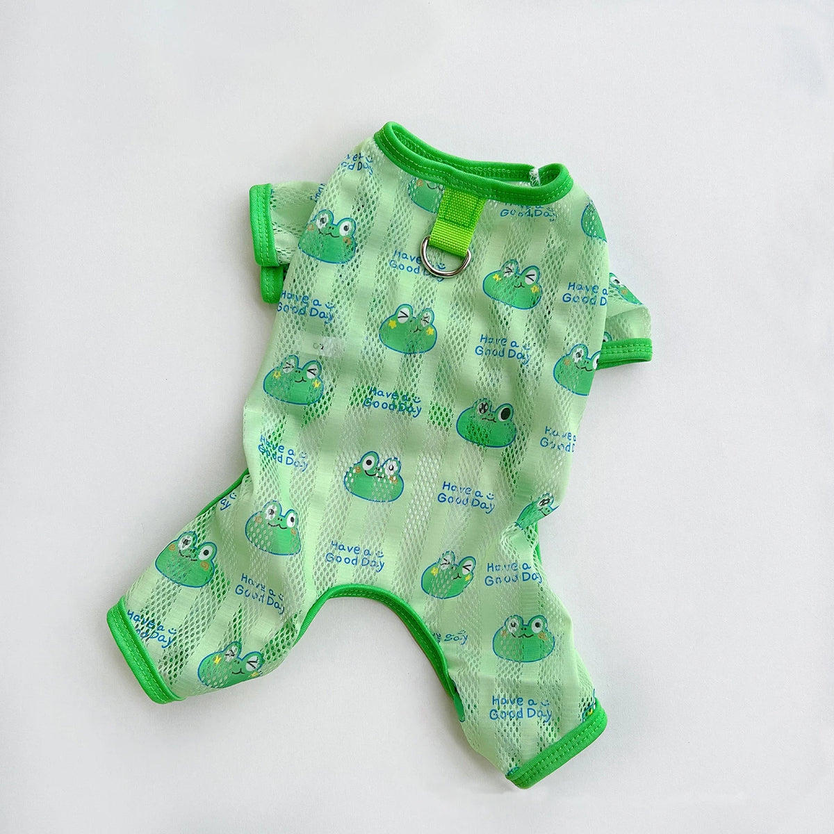 Breathable mesh dog jumpsuit with frog, bear, and unicorn print, featuring four legs and sun protection from I YAN.
