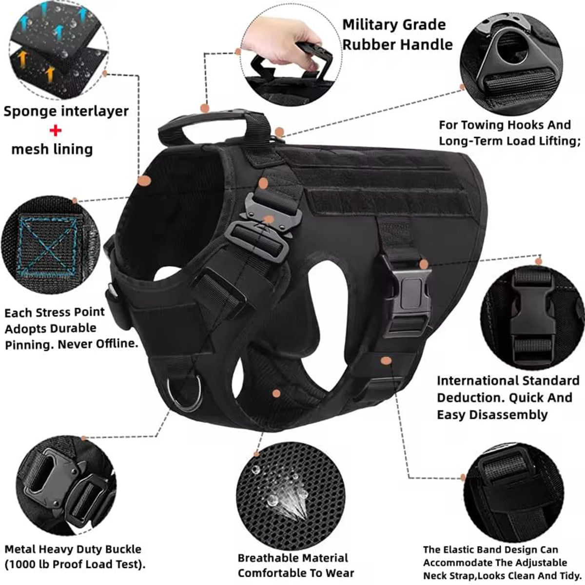 Tactical dog harness and collar set with Molle pouches for medium to large dogs, featuring adjustable straps and durable design.