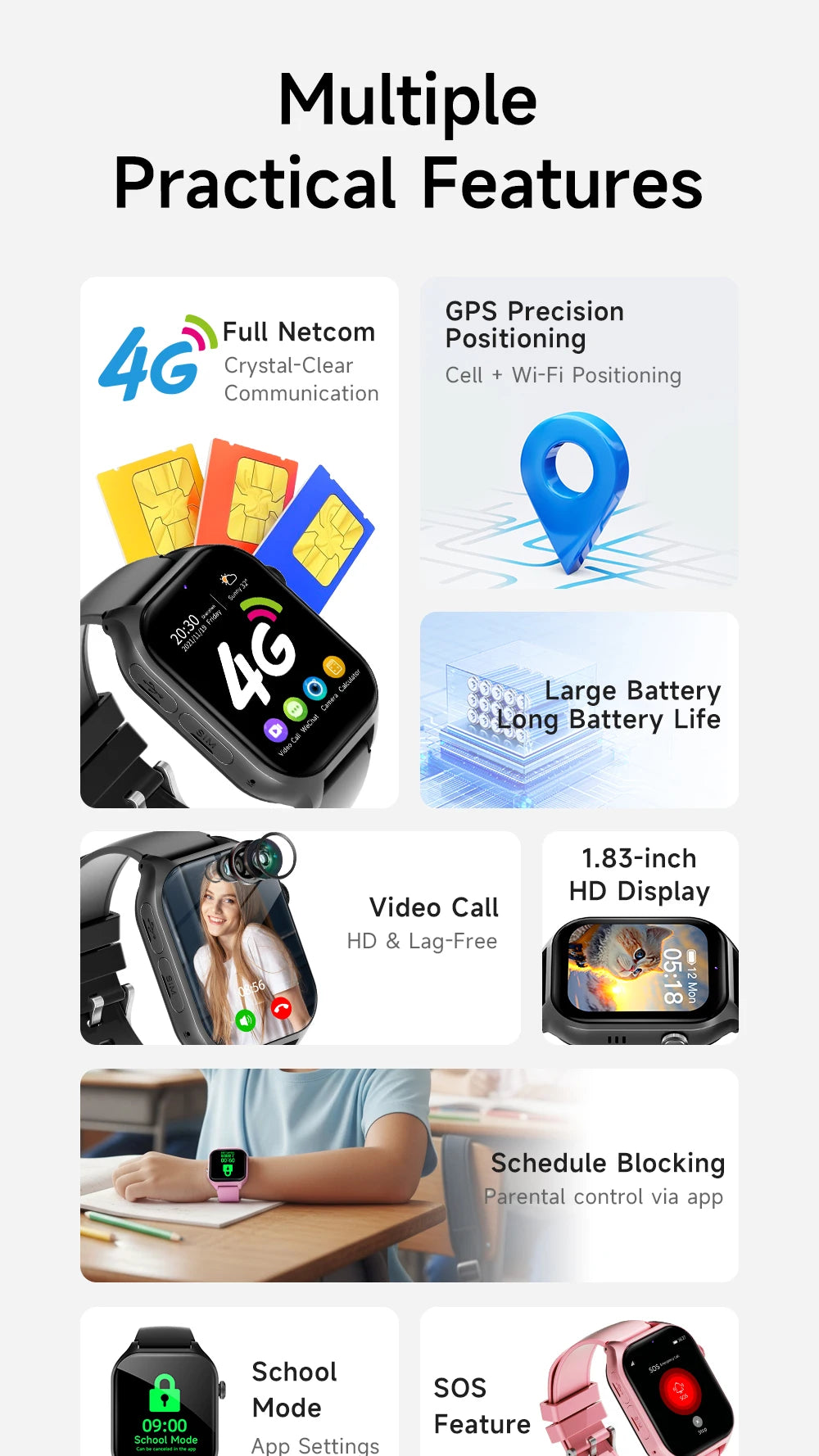 New Smart Watches 4G Kids GPS AGPS LBS SOS Music Playback Camera Smartwatch Waterproof Video Call 800mAh Boy Girl Children Gift