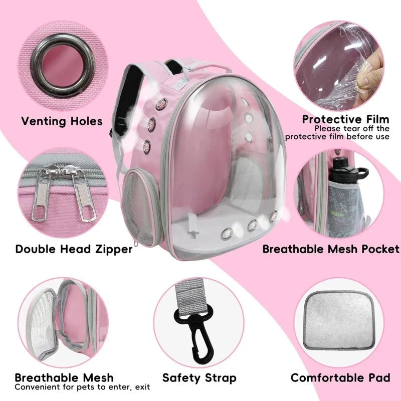 Expandable pink cat backpack by I YAN with mesh panels, showing a cozy interior and carrying handle for cats and small dogs.