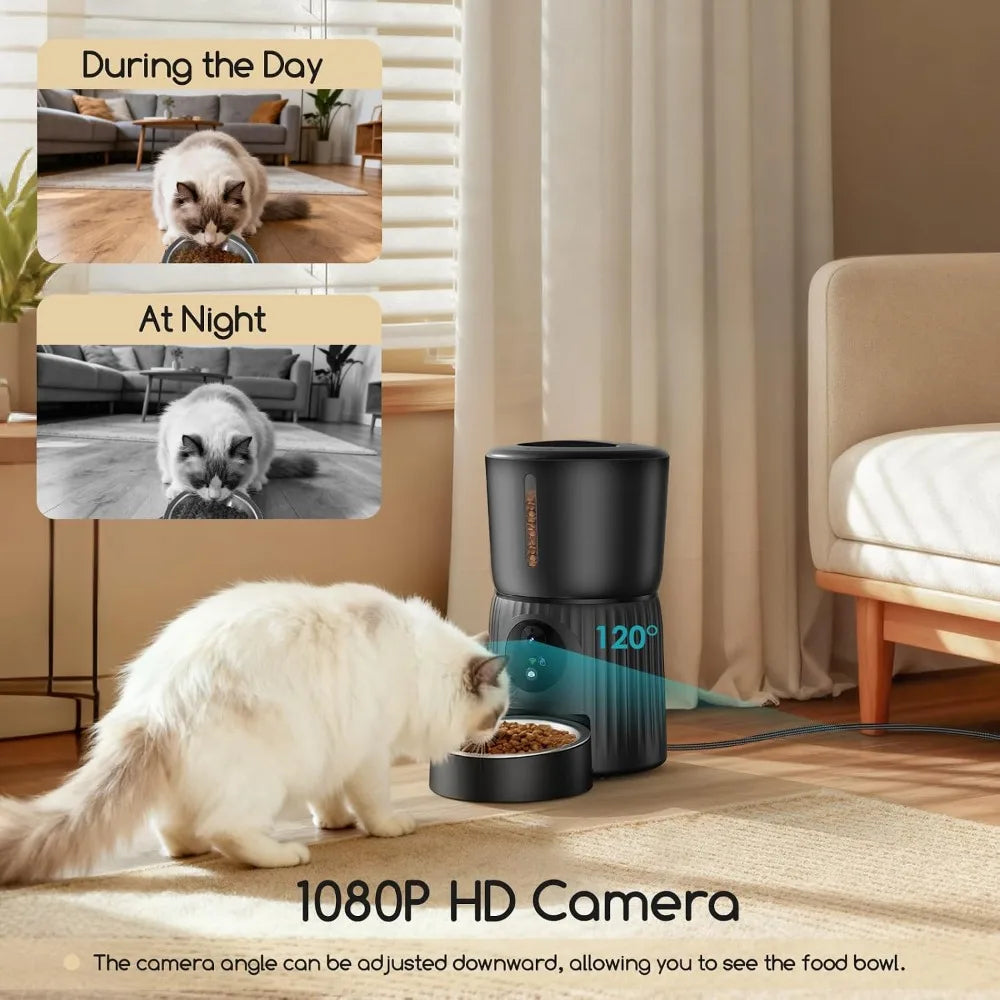 Automatic Cat Feeder with 1080P HD Camera, 5G WiFi Pet Feeder with APP Control, 2-Way Audio, Blockage Sensor for Cats or Small Dogs, 4L