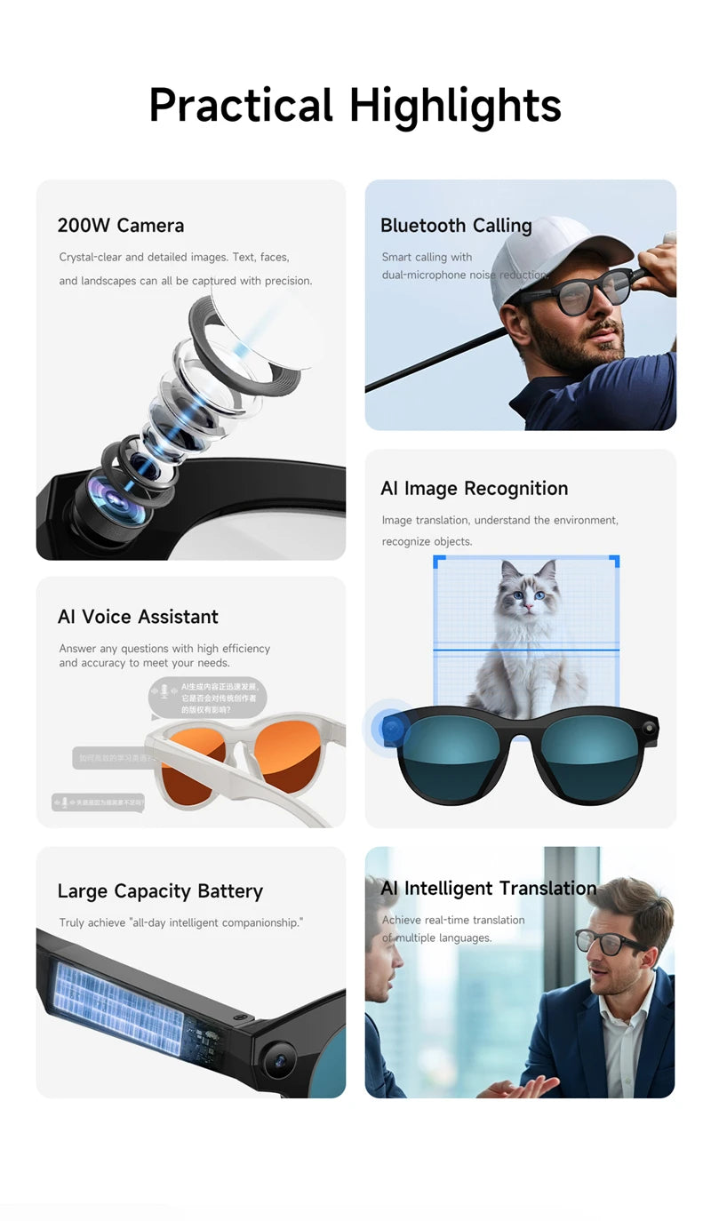 2026 New 500W Pixel Smart Glasses AI Cam Recognition Photography Video Record Bluetooth Call Music Playback Voice Wake Up New