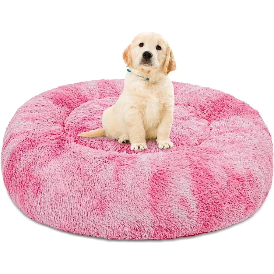 Pink rainbow Calming Donut pet bed for small dogs, I YAN plush cozy dog bed, anti-anxiety and warming for comfort
