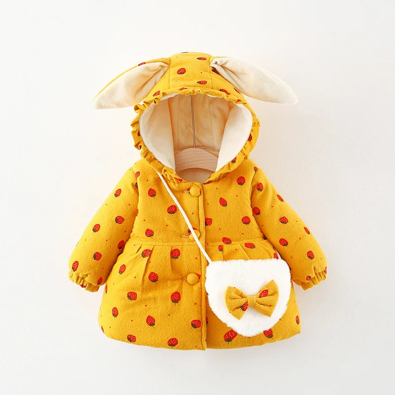 Winter Girls' Cotton Jacket, New Cute Children's Clothing, Solid Color Printed Girls' Cotton Jacket, Rabbit Ear Hooded Bag Gift