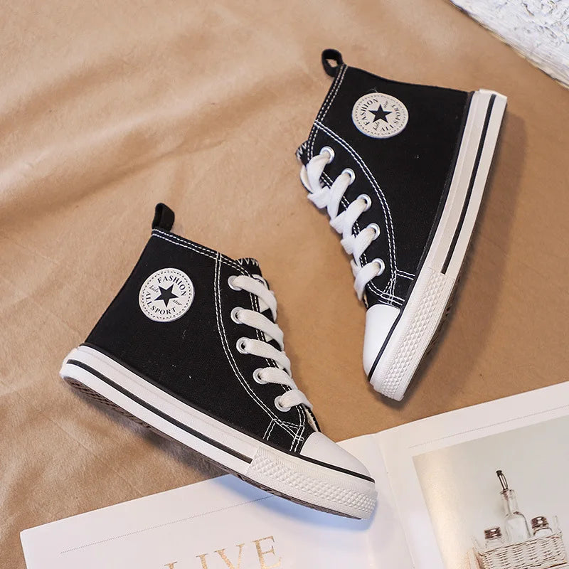 Children's High-Top Canvas Shoes Soft Bottom Comfortable Non-slip Casual Shoes Summer Simple Solid Color Lace-Up Canvas Shoes