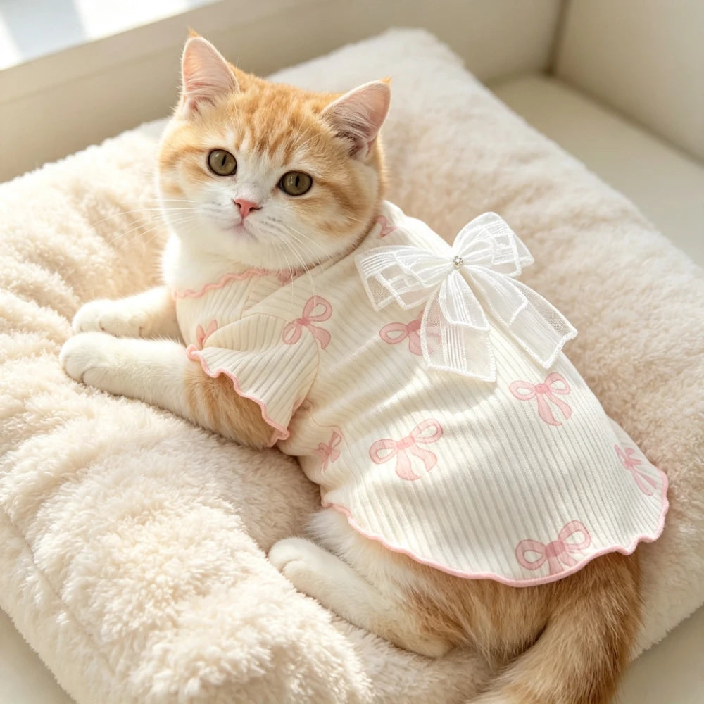 Pink Bow Print Pet Vest – Soft Breathable Summer Top for Cats & Small Dogs