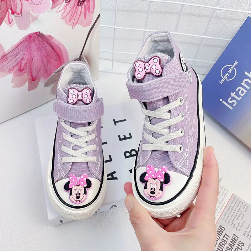 Disney Girls' Canvas Casual Shoes Soft Sole High Top Cartoon Mickey Mouse Minnie Purple White Breathable Shoes Flats Size 24-37