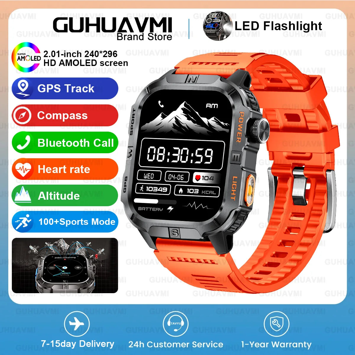New Dual-Band Satellite GPS Smart Watch Men 2.01'' HD Screen Compass Military Flashlight Watches Waterproof Swim Smart Bracelet